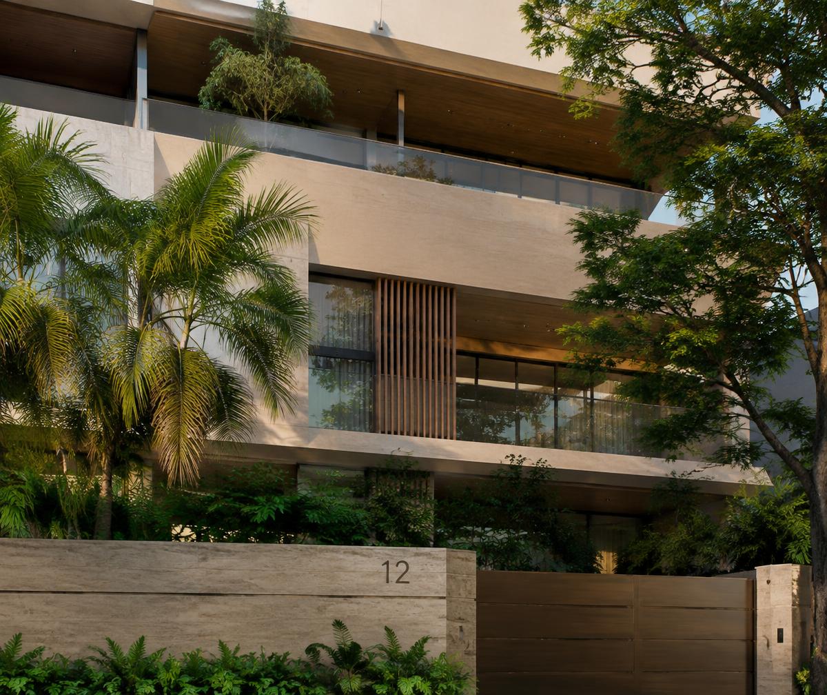 Edificio residencial moderno rodeado de vegetación